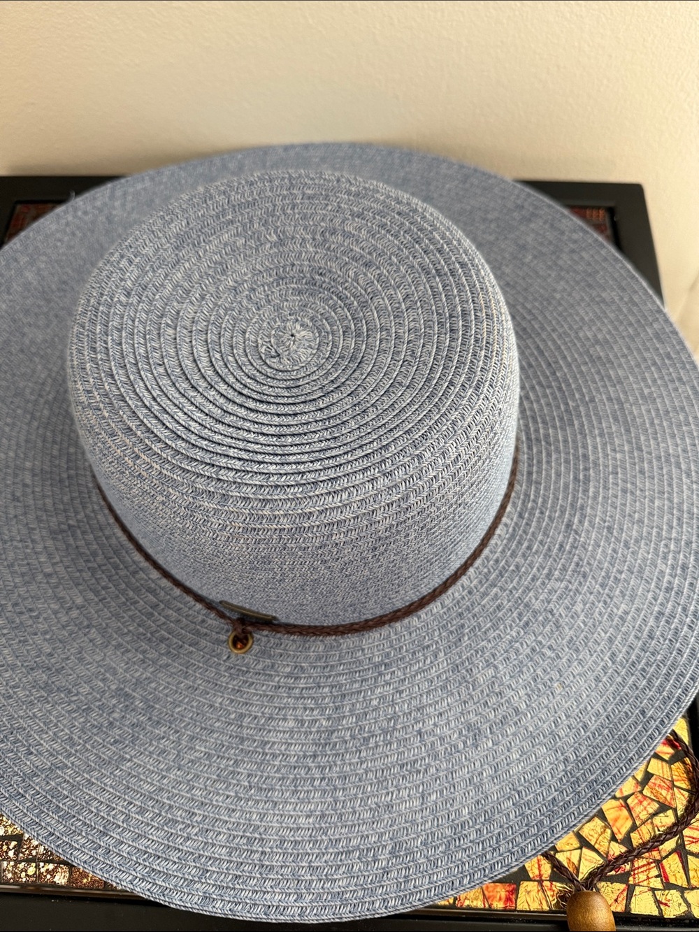 Sun ‘n Sand Wide Brim Straw Sun Hat in Light Blue with Brown Band and Chin Strap